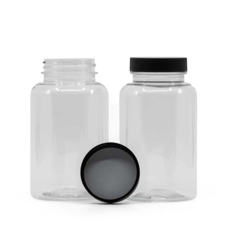 Pot à pilules en plastique transparent, couvercle noir, scellé par induction, 250 ml