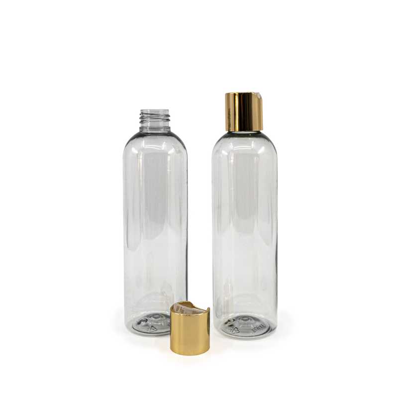 Bouteille en plastique transparent recyclé, bouchon disque doré, 250 ml