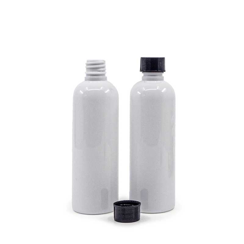 Flacon en plastique blanc, 18/410, bouchon en plastique noir, 100 ml