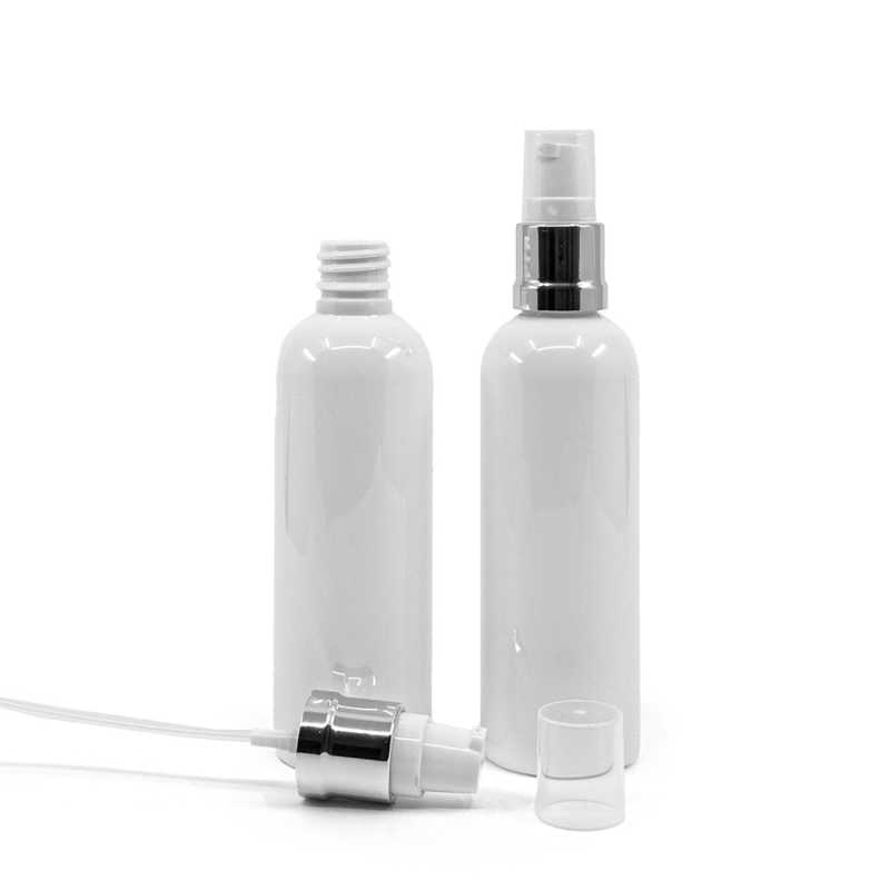 Flacon en plastique blanc, 18/410, pompe blanche argentée brillante, 100 ml