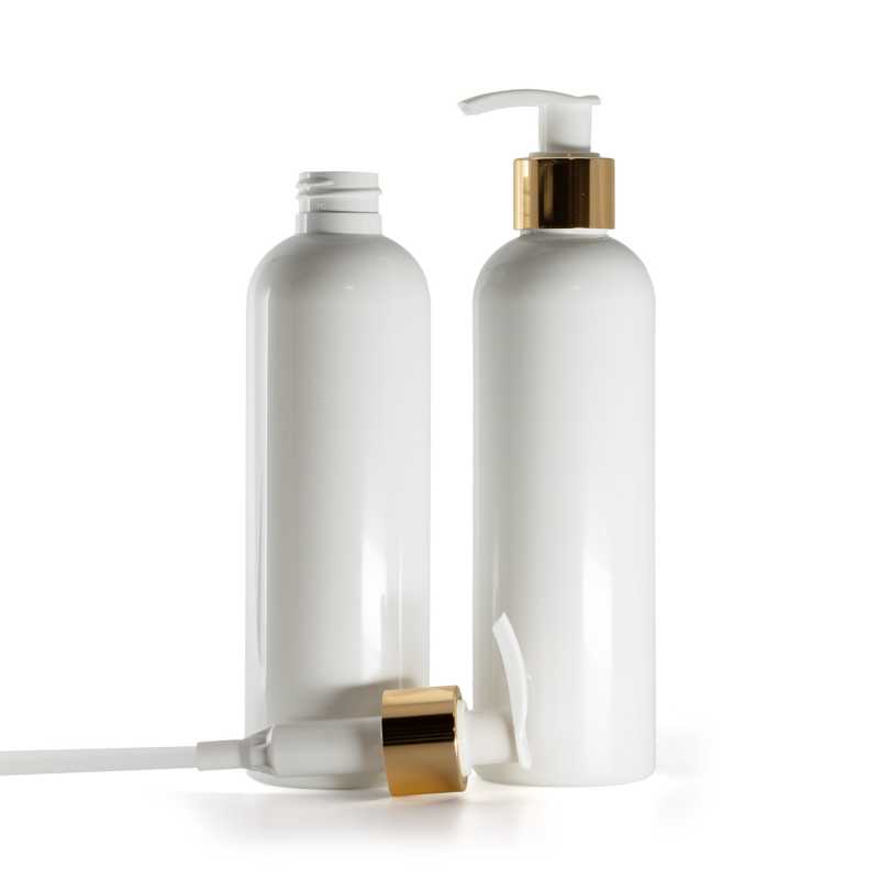 Bouteille en plastique blanc, pompe à lotion blanche avec col en or brillant, 250 ml