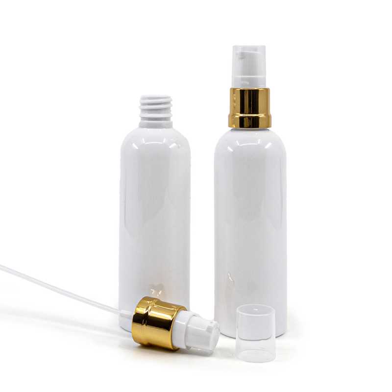 Flacon en plastique blanc, 18/410, pompe brillante blanc doré, 100 ml
