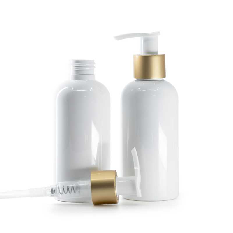Flacon plastique blanc, pompe lotion blanche avec bague or mat, 150 ml