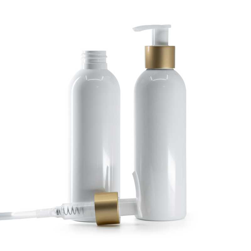 Flacon en plastique blanc, pompe distributrice blanche avec bague or mat, 200 ml