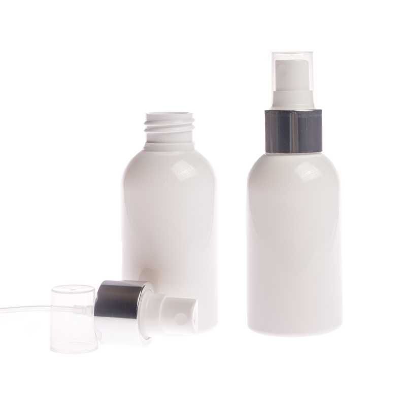 Flacon en plastique blanc, vaporisateur blanc avec col argenté brillant, 100 ml