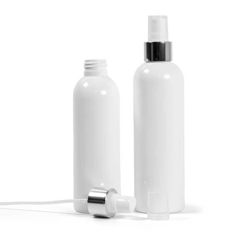 Bouteille en plastique blanc, spray blanc avec col argenté brillant, 250 ml