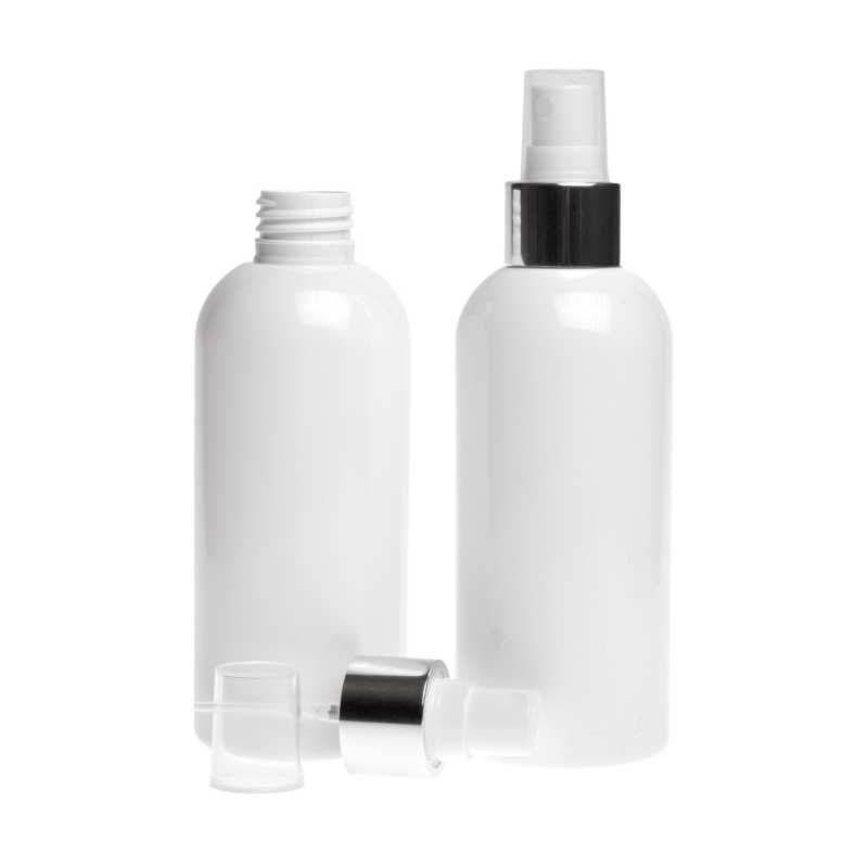 Bouteille en plastique blanc, spray blanc avec col argenté brillant, 300 ml
