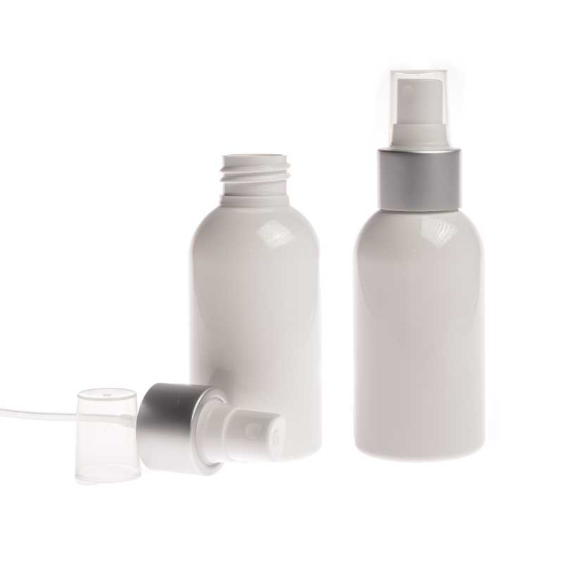Bouteille en plastique blanc, spray blanc avec col en argent mat, 100 ml