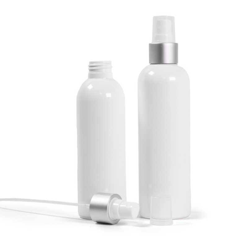 Bouteille en plastique blanc, spray blanc avec col en argent mat, 250 ml