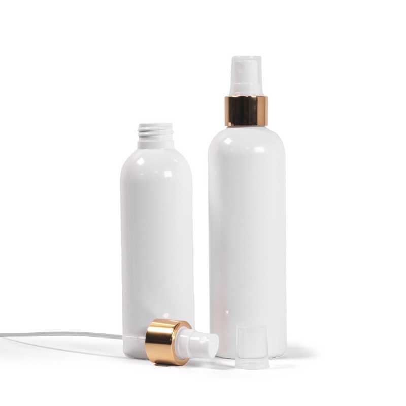 Bouteille en plastique blanc, vaporisateur blanc avec collier doré brillant, 250 ml
