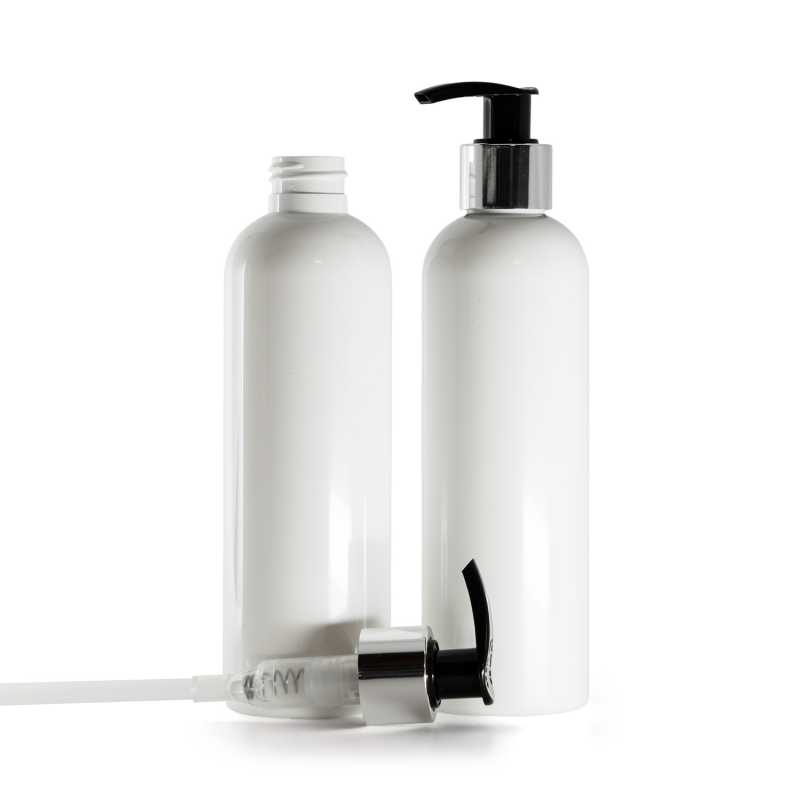 Bouteille en plastique blanc, pompe à lotion noire avec col argenté brillant, 250 ml