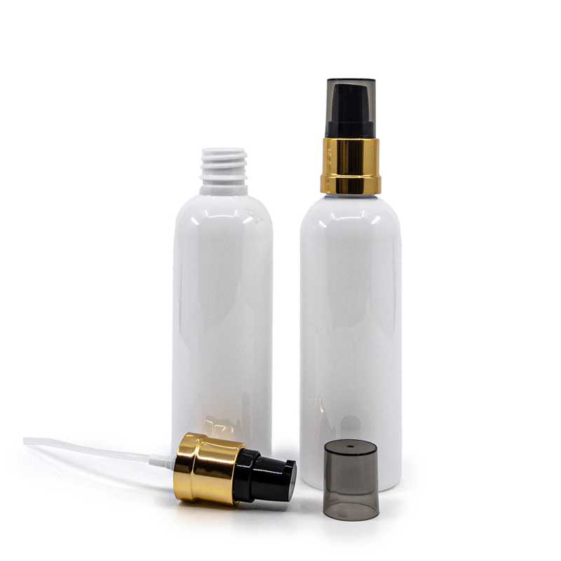 Flacon en plastique blanc, pompe noire et dorée brillante avec surcapuchon fumé, 100 ml