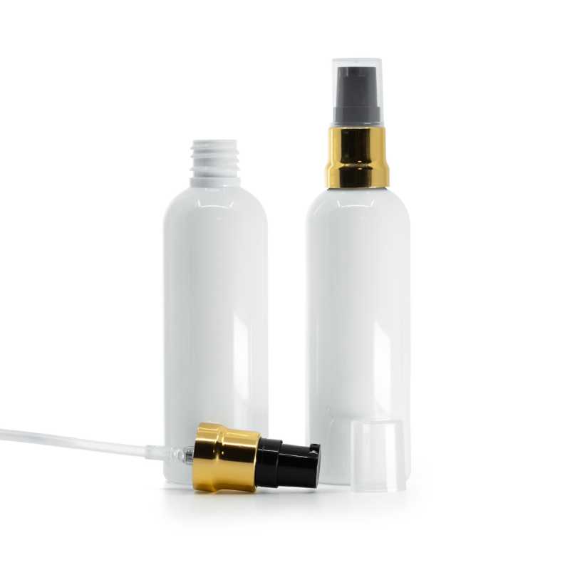 Flacon en plastique blanc, pompe noire dorée brillante avec bouchon transparent, 100 ml