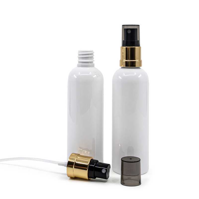 Flacon plastique blanc, 18/410, pulvérisateur noir-or, surcapot fumé, 100 ml