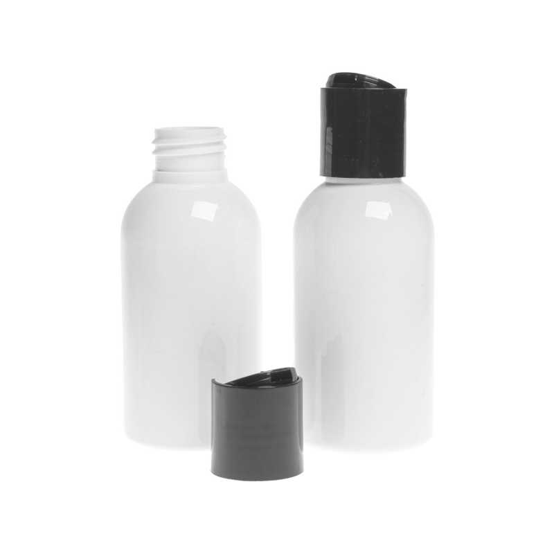 Flacon en plastique blanc, bouchon à disque noir, 100 ml