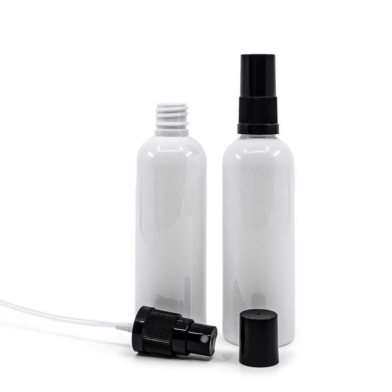 Flacon en plastique blanc, 18/410, vaporisateur noir, capsule noire, 100 ml