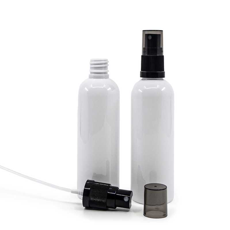 Flacon en plastique blanc, spray brume fine noir, surcapuchon fumé, 100 ml