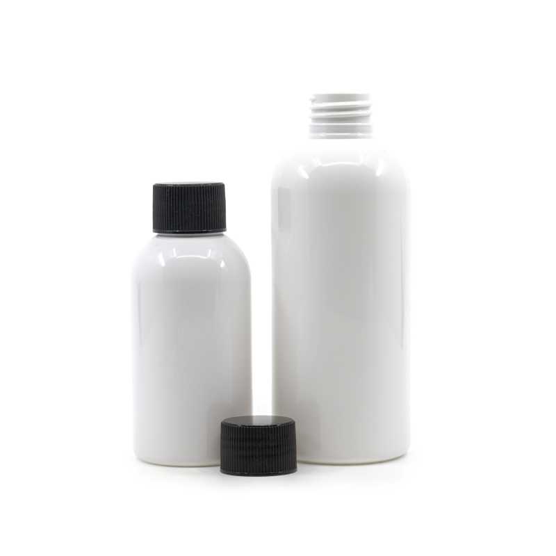 Bouteille en plastique blanc, bouchon noir strié, 100 ml