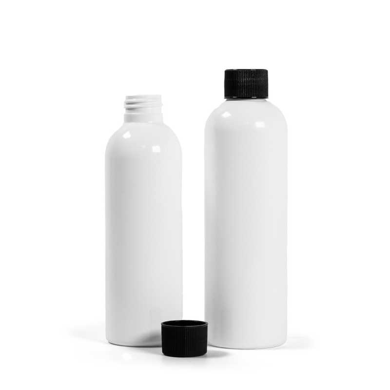 Bouteille en plastique blanc, bouchon noir strié, 200 ml