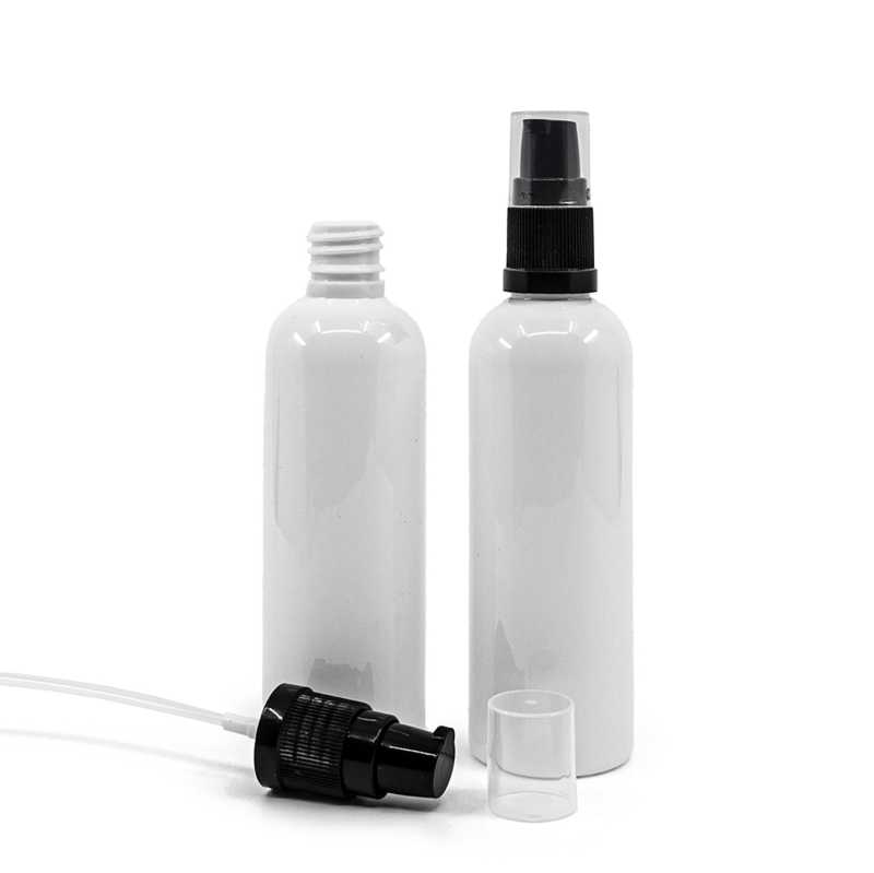 Flacon en plastique blanc, 18/410, pompe à lotion noire, 100 ml