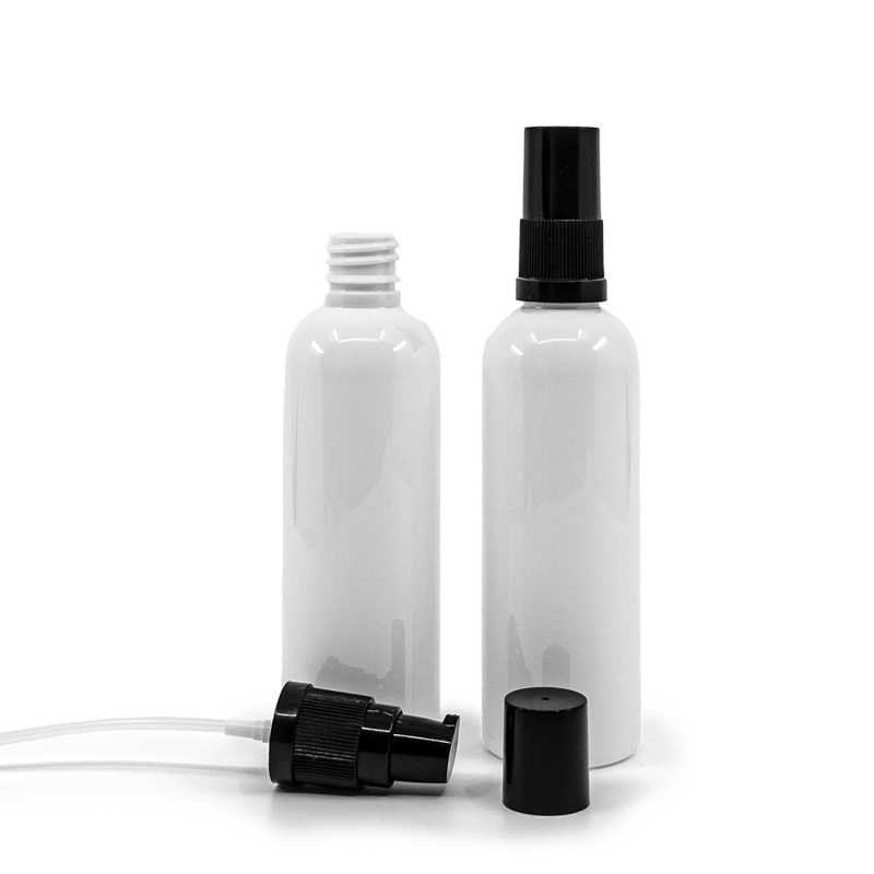 Flacon en plastique blanc, 18/410, pompe à lotion noire avec bouchon noir, 100 ml