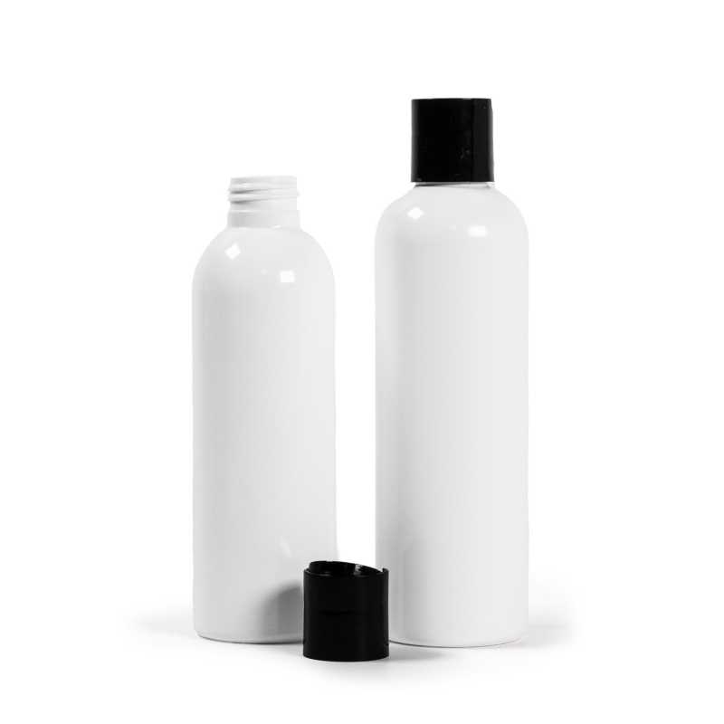 Bouteille en plastique blanc, bouchon à disque noir, 250 ml