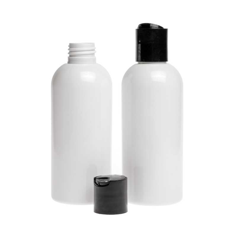 Bouteille en plastique blanc, bouchon à disque noir, 300 ml