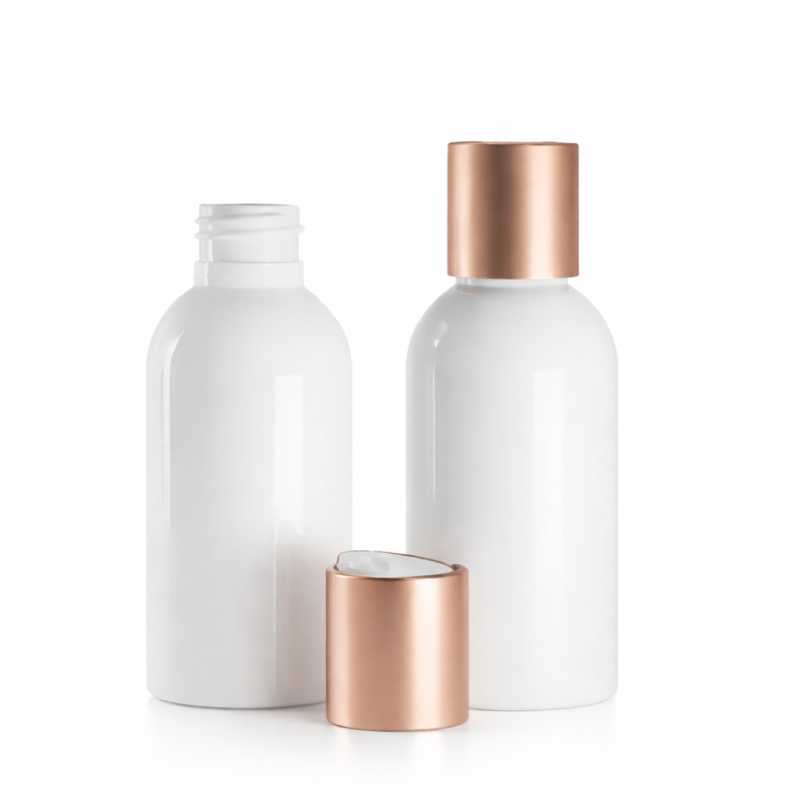 Flacon en plastique, blanc, bouchon disc top, bague rose doré mat, 150 ml