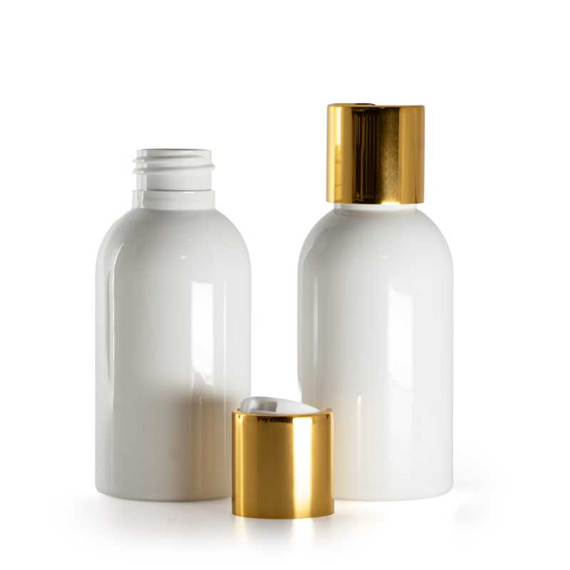 Bouteille en plastique blanc, Flip Top en plastique blanc avec col en aluminium doré, 100 ml