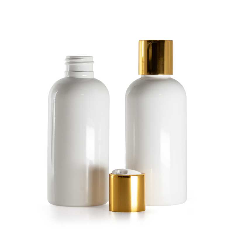 Bouteille en plastique blanc, Flip Top en plastique blanc avec col en aluminium doré, 150 ml