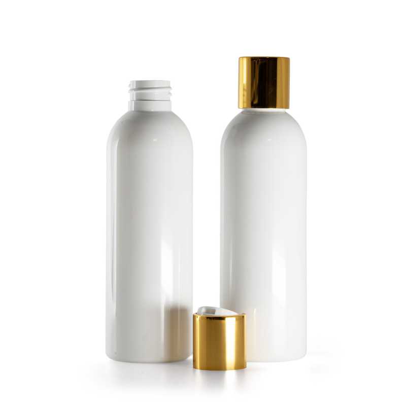 Bouteille en plastique blanc, Flip Top en plastique blanc avec col en aluminium doré, 200 ml
