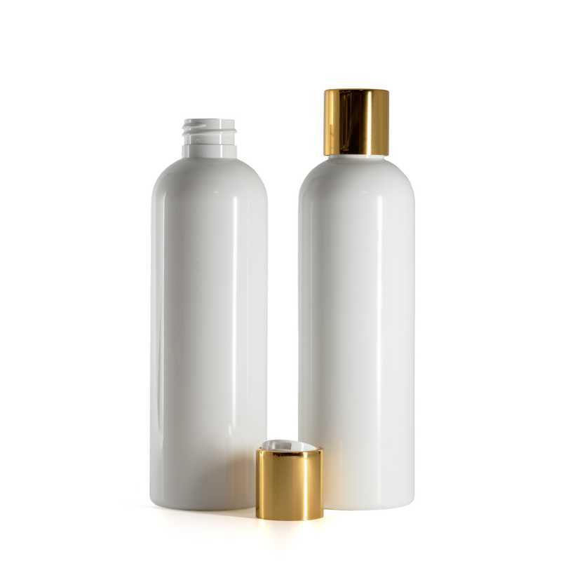 Bouteille en plastique blanc, Flip Top en plastique blanc avec col en aluminium doré, 250 ml
