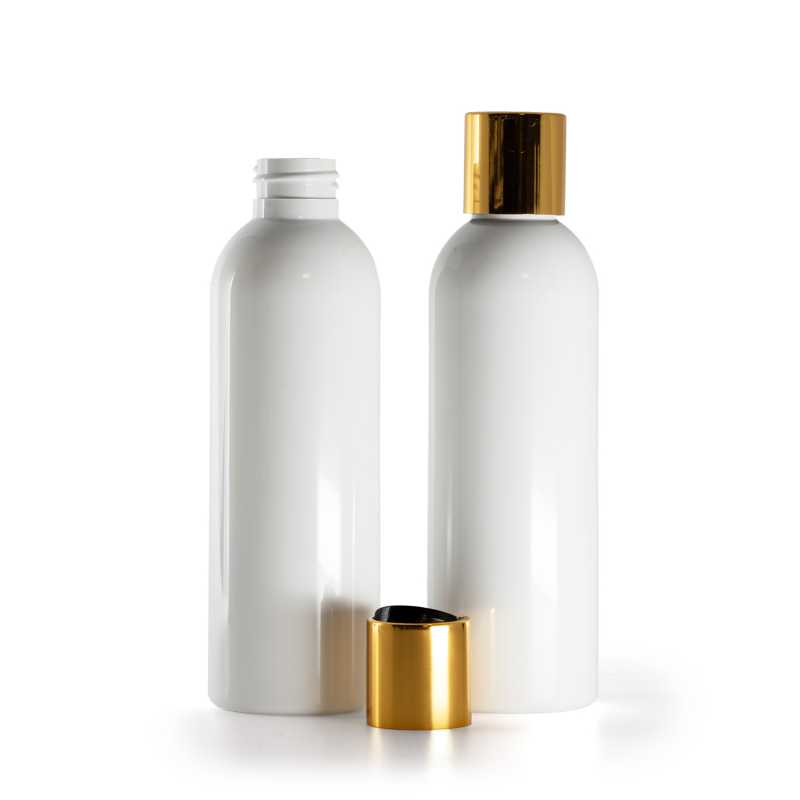 Bouteille en plastique blanc, bouchon en plastique noir avec col en aluminium doré, 200 ml