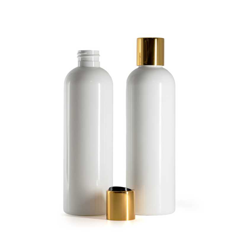 Bouteille en plastique blanc, bouchon en plastique noir avec col en aluminium doré, 250 ml