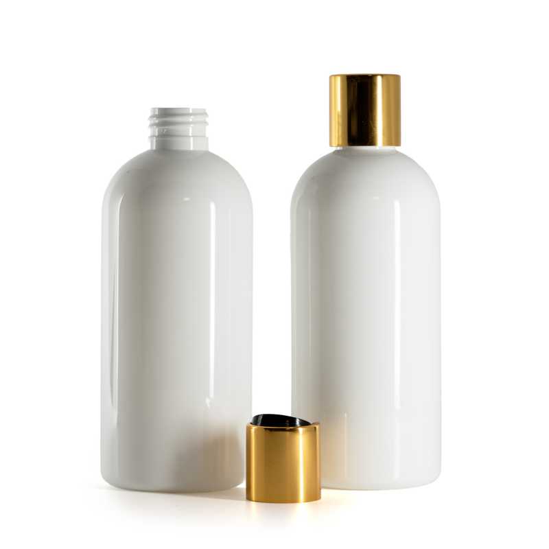 Bouteille en plastique blanc, bouchon en plastique noir avec col en aluminium doré, 300 ml