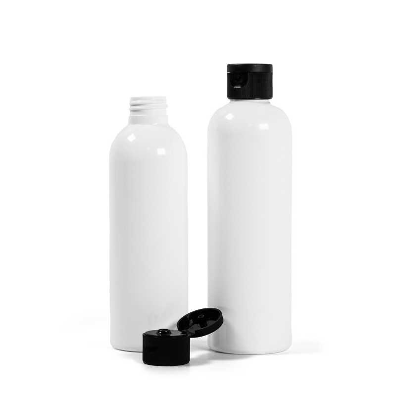 Bouteille en plastique blanc, bouchon noir, 200 ml