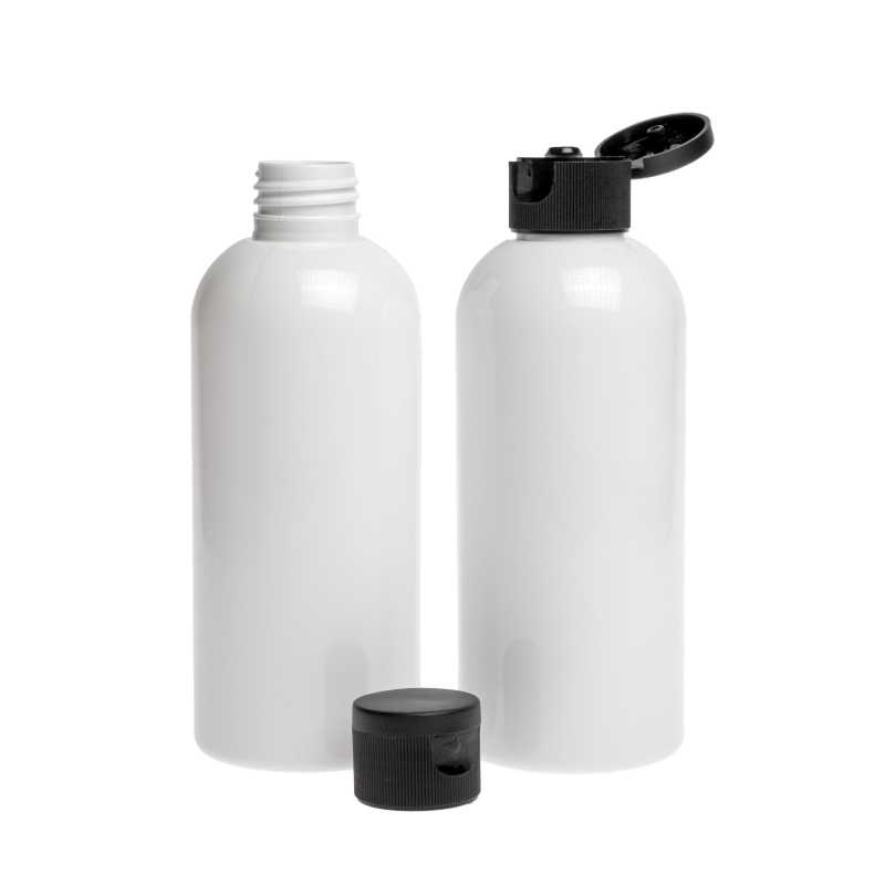 Bouteille en plastique blanc, bouchon noir, 300 ml