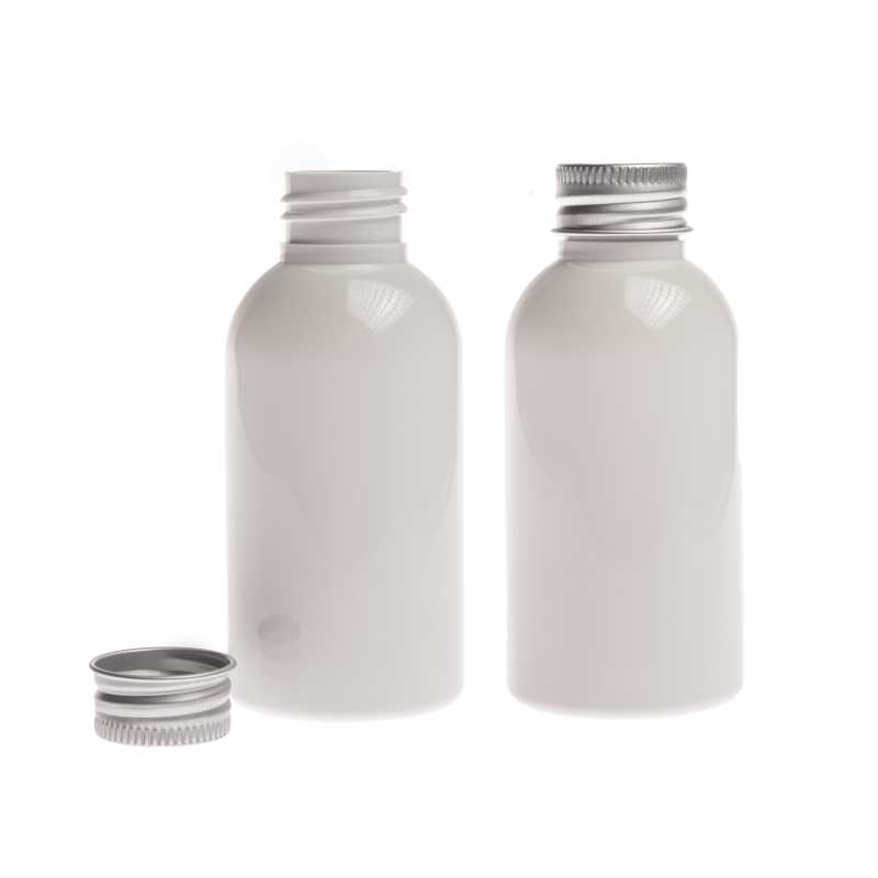 Bouteille en plastique blanc avec bouchon en aluminium argenté, 100 ml
