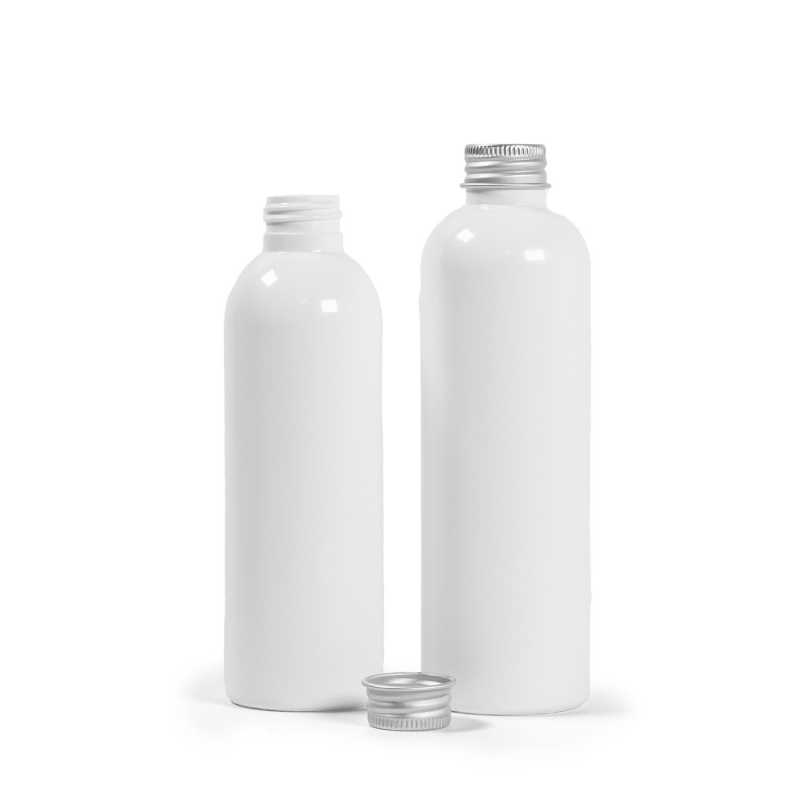 Bouteille en plastique blanc, bouchon en aluminium argenté, 200 ml