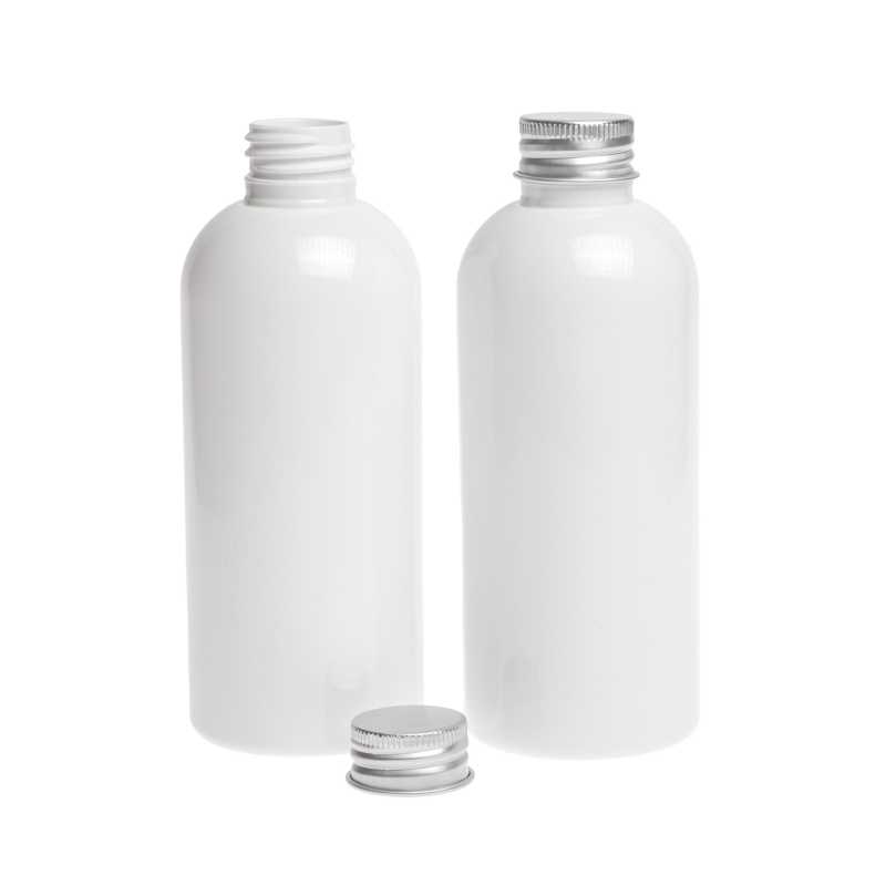 Bouteille en plastique blanc, bouchon en aluminium argenté, 300 ml