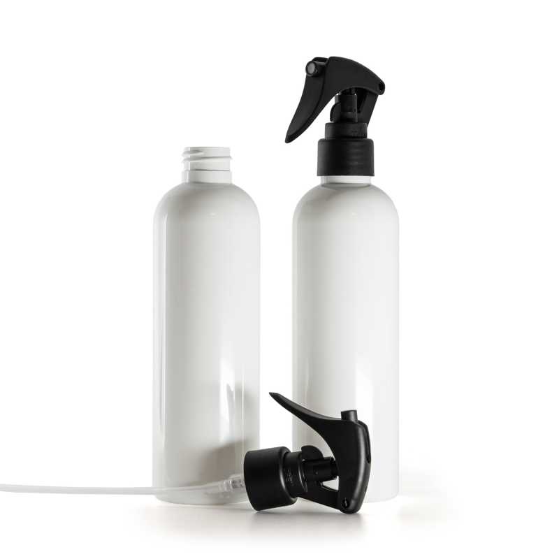 Flacon en plastique blanc, mini-vaporisateur à gâchette, noir mat, col lisse, 250 ml