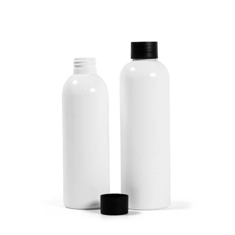 Flacon en plastique blanc, 200 ml, bouchon en plastique noir mat