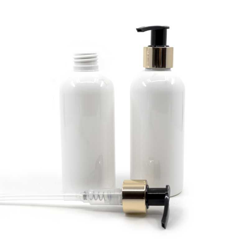 Bouteille en plastique blanc 300 ml, pompe dorée