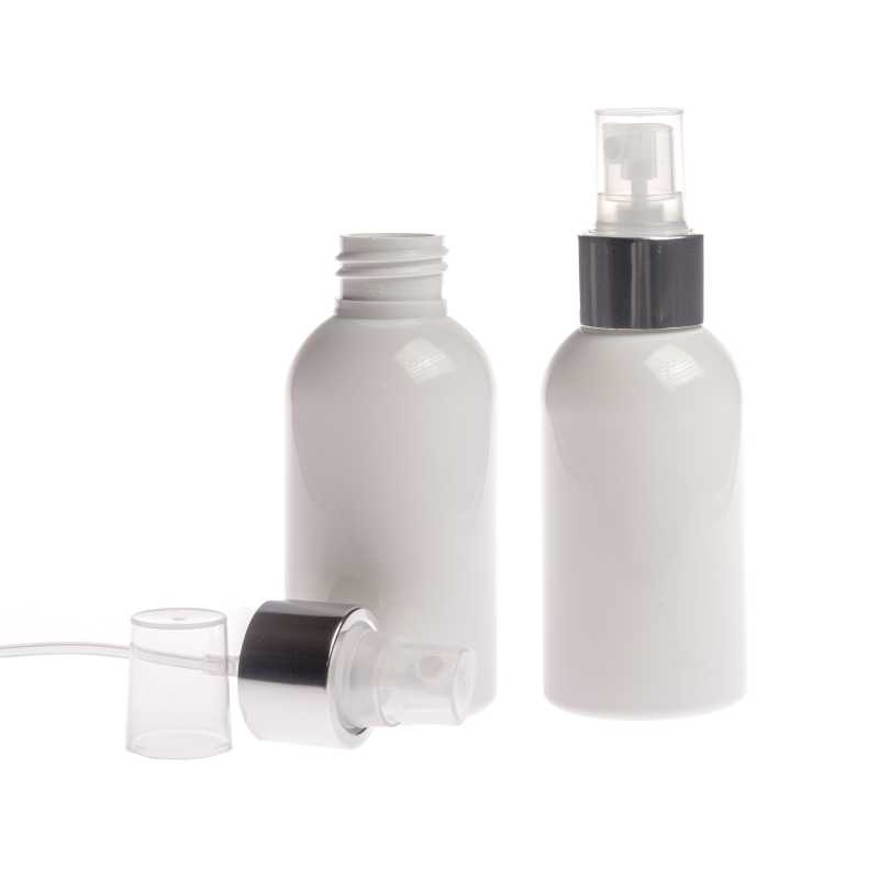 Flacon en plastique blanc, spray transparent avec col argenté brillant, 100 ml