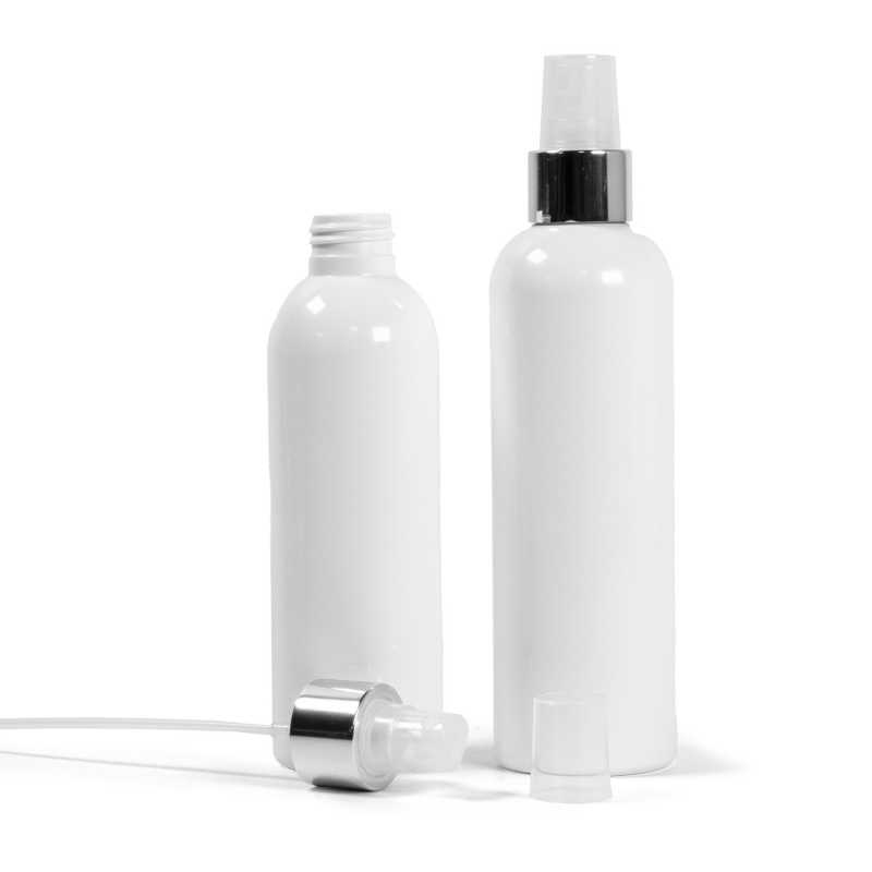 Bouteille en plastique blanc, spray transparent avec col argenté brillant, 250 ml