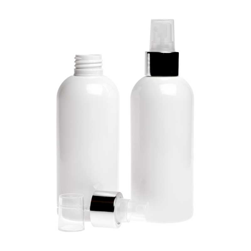 Bouteille en plastique blanc, spray transparent avec col argenté brillant, 300 ml