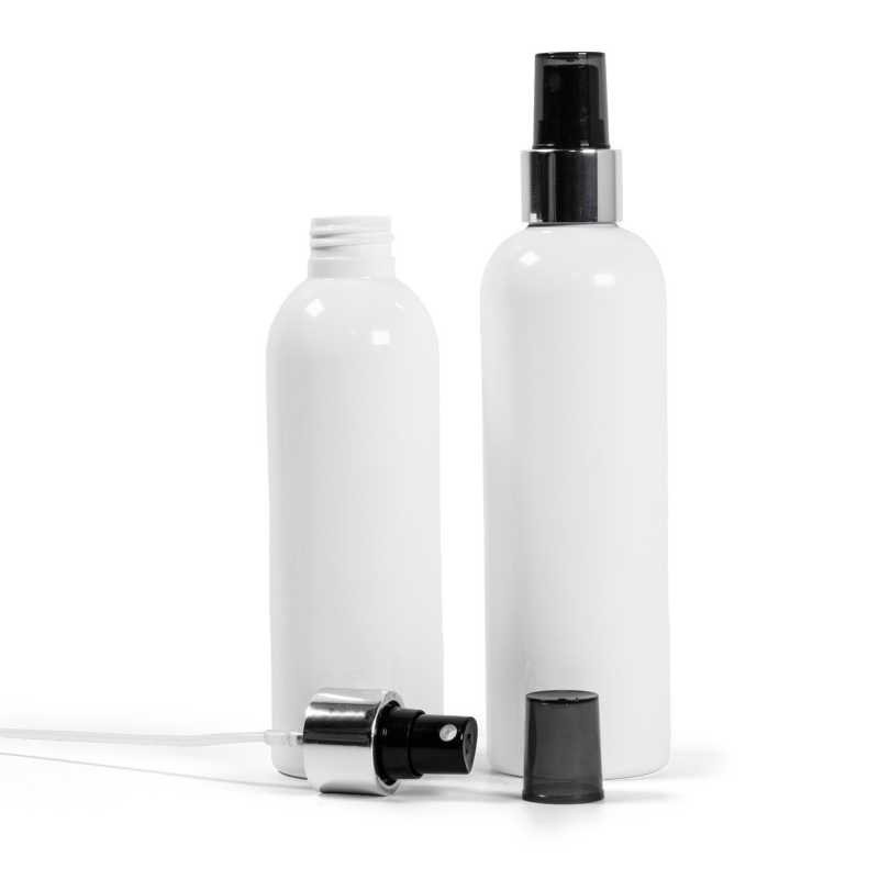 Bouteille en plastique blanc, vaporisateur noir avec col argenté brillant, 250 ml