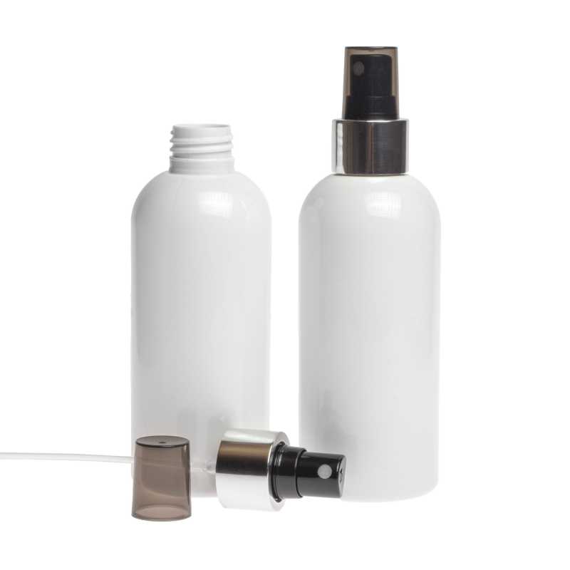Bouteille en plastique blanc, vaporisateur noir avec col argenté brillant, 300 ml