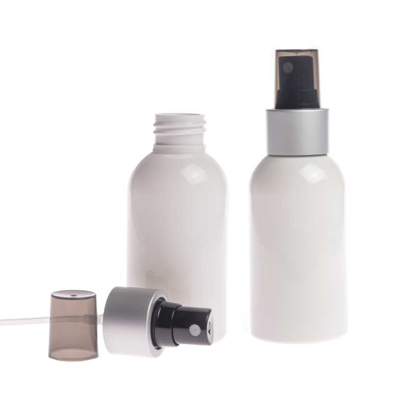 Bouteille en plastique blanc, spray noir, col argenté mat, bouchon fumé, 100 ml