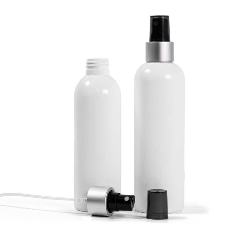 Bouteille en plastique blanc, spray noir, col argenté mat, bouchon fumé, 250 ml